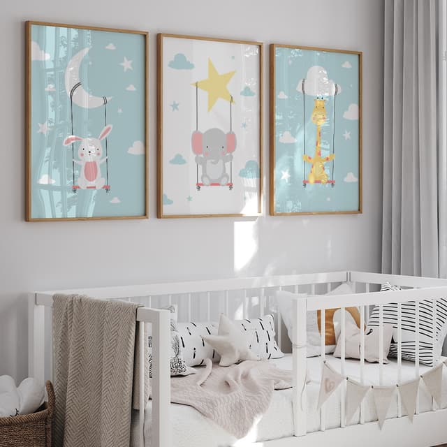 Kit Quadros Decorativos Infantil Coelho, Elefante e Girafa