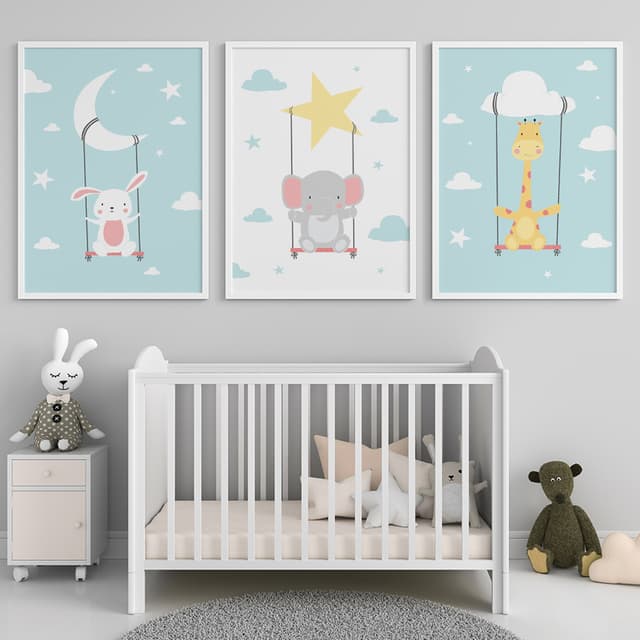 Kit Quadros Decorativos Infantil Coelho, Elefante e Girafa