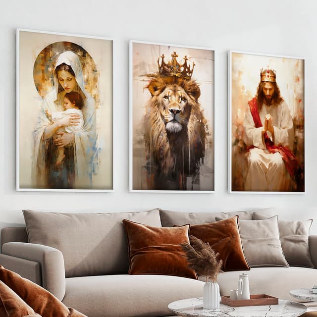 Kit Quadros Decorativos Maria, Jesus e o Leão de Judá