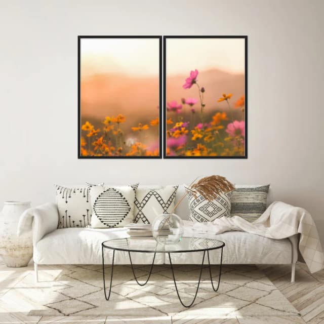 Kit Quadros Decorativos Flor Rosa E Laranja