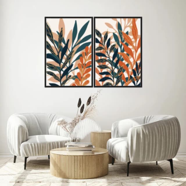 Kit Quadros Decorativos Folhas Laranja E Azul