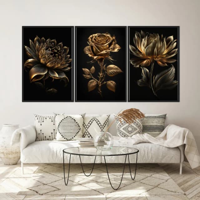 Kit Quadros Decorativos Planta Dourada