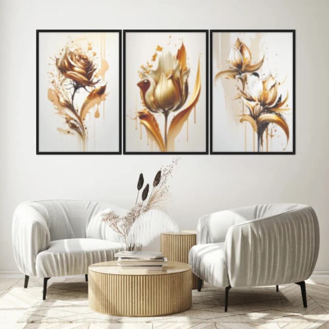 Kit Quadros Decorativos Planta Dourada