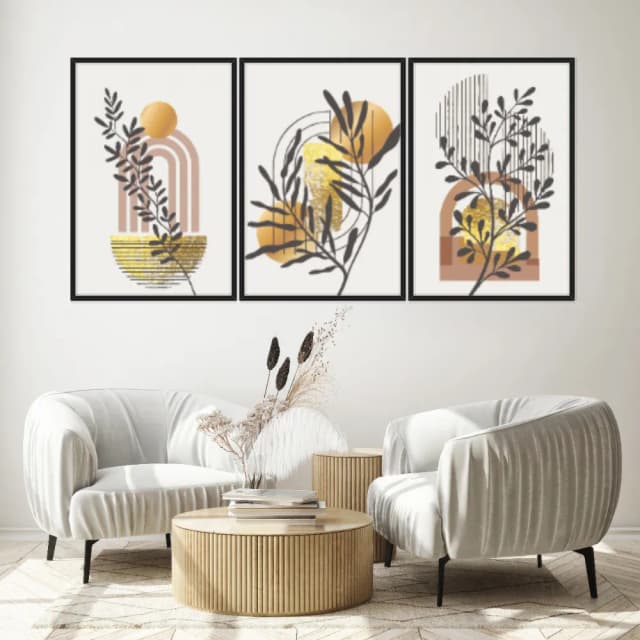 Kit Quadros Decorativos Planta Abstrata Dourada