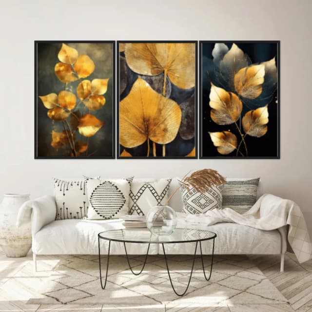 Kit Quadros Decorativos Planta Dourada