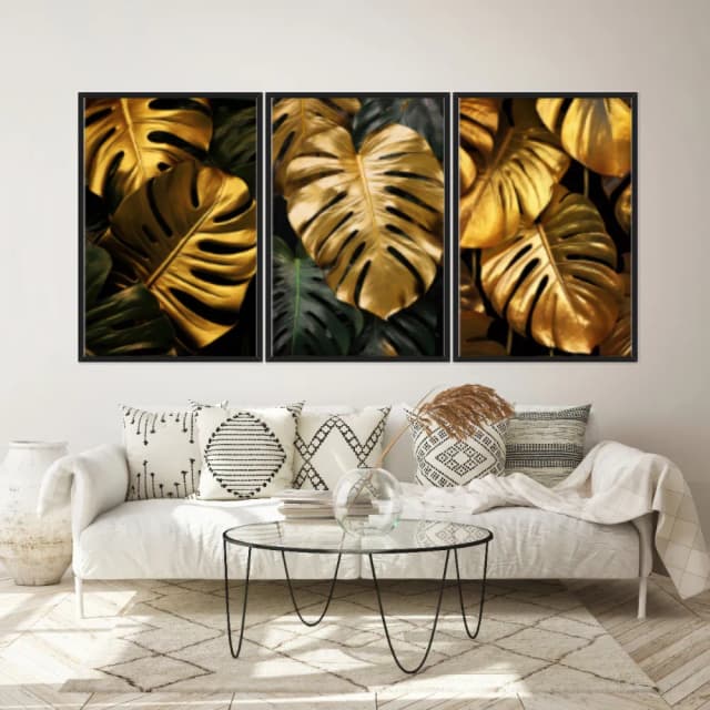 Kit Quadros Decorativos Costela De Adão Dourada