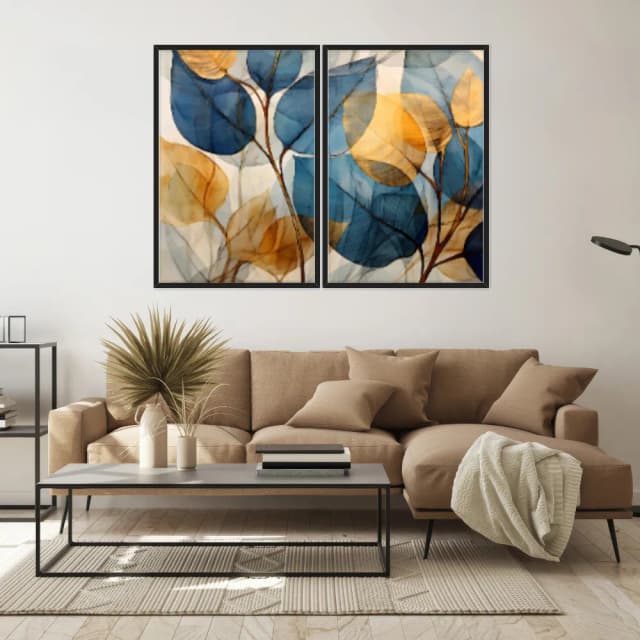 Kit Quadros Decorativos Folhas Amarelo E Azul