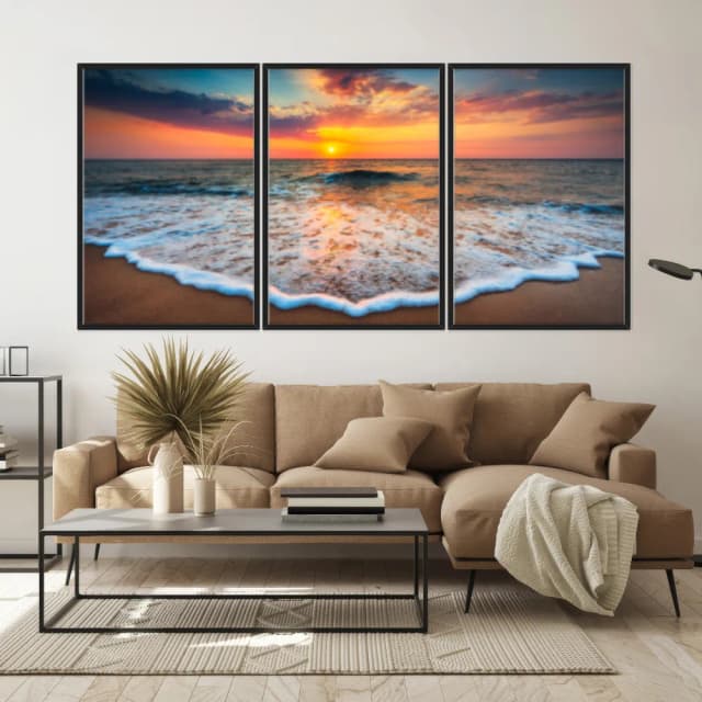 Kit Quadros Decorativos Mar Com Pôr Do Sol