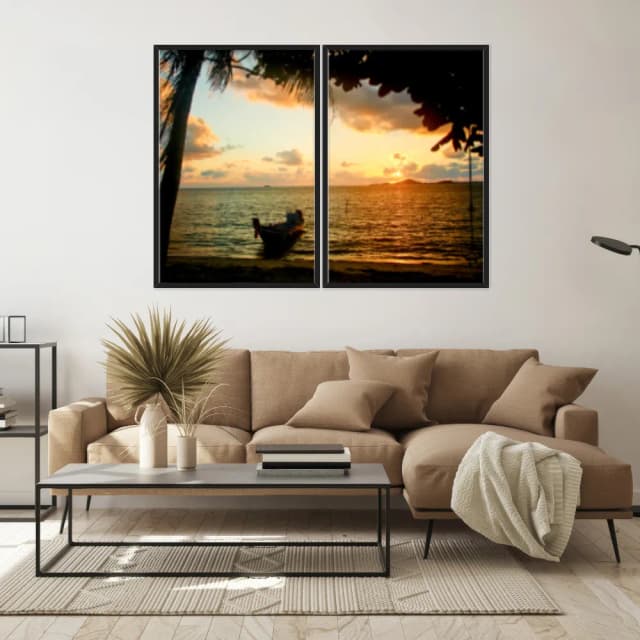 Kit Quadros Decorativos Mar Com Pôr Do Sol