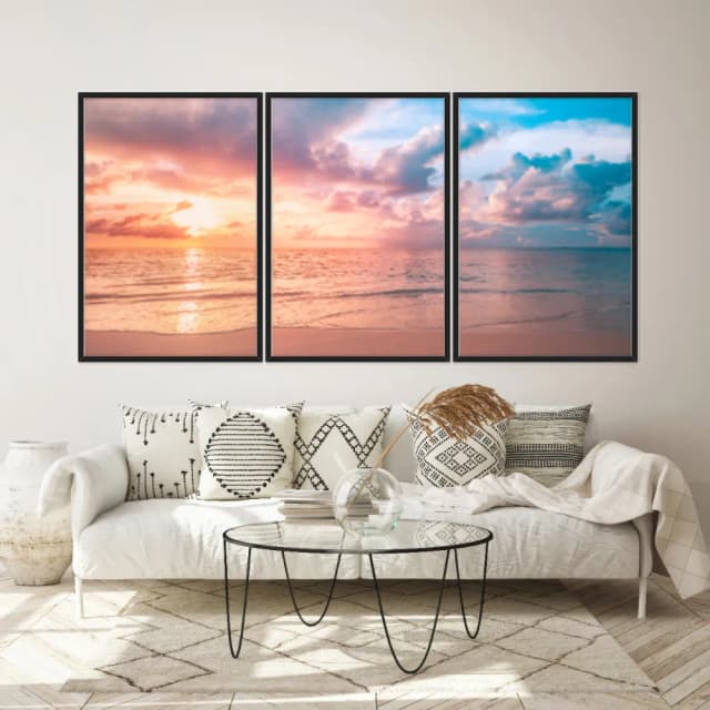 Kit Quadros Decorativos Mar Com Pôr Do Sol