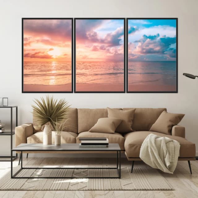 Kit Quadros Decorativos Mar Com Pôr Do Sol