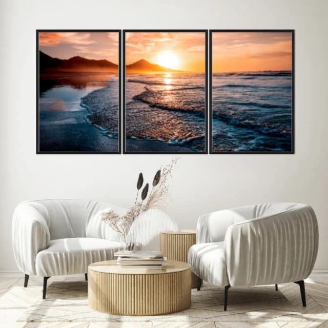 Kit Quadros Decorativos Mar Com Pôr Do Sol