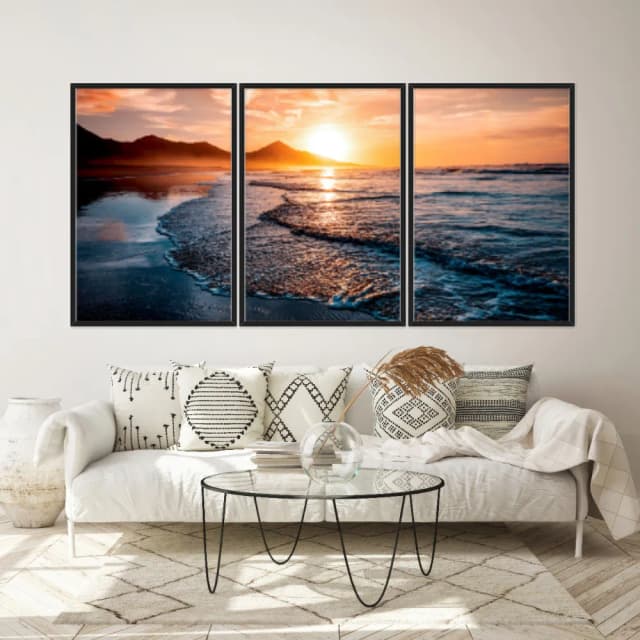 Kit Quadros Decorativos Mar Com Pôr Do Sol