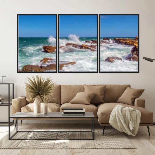 Kit Quadros Decorativos Ondas Batendo Nas Pedras