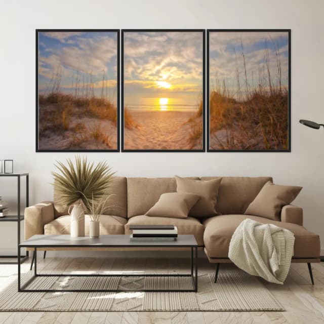 Kit Quadros Decorativos Mar Com Pôr Do Sol