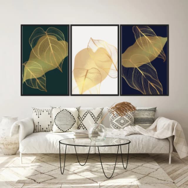 Kit Quadros Decorativos Planta Dourada