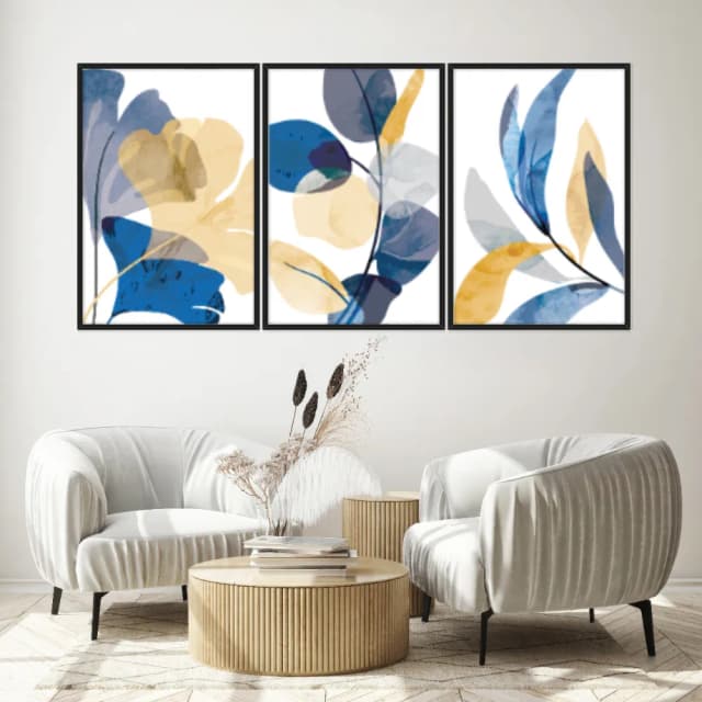 Kit Quadros Decorativos Folhas Amarela E Azul