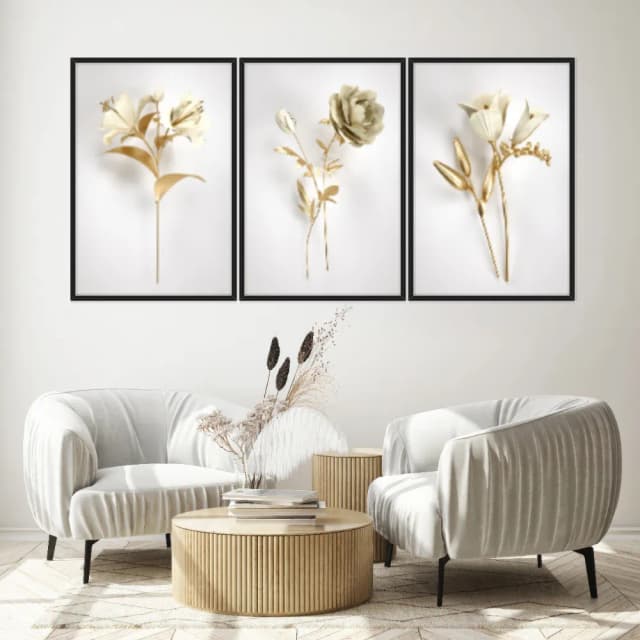 Kit Quadros Decorativos Flor Dourada