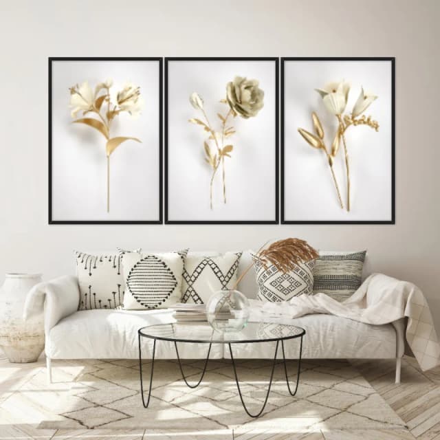 Kit Quadros Decorativos Flor Dourada