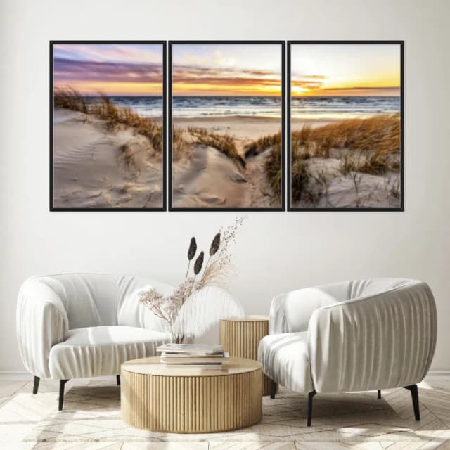 Kit Quadros Decorativos Mar Com Pôr Do Sol