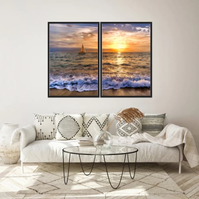 Kit Quadros Decorativos Mar Com Pôr Do Sol