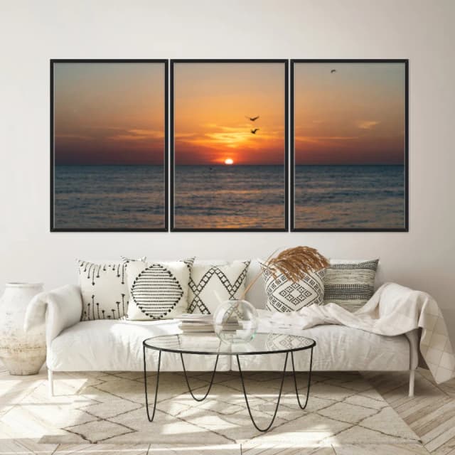 Kit Quadros Decorativos Pássaros Com Pôr Do Sol