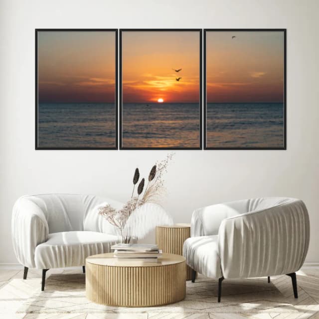 Kit Quadros Decorativos Pássaros Com Pôr Do Sol